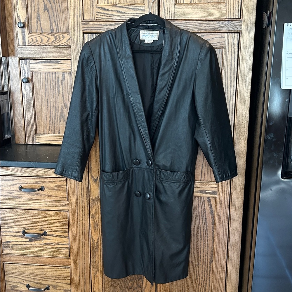 Vintage 80s Black Leather Coat Full Length Maggie Lawrence Size Small Trench
